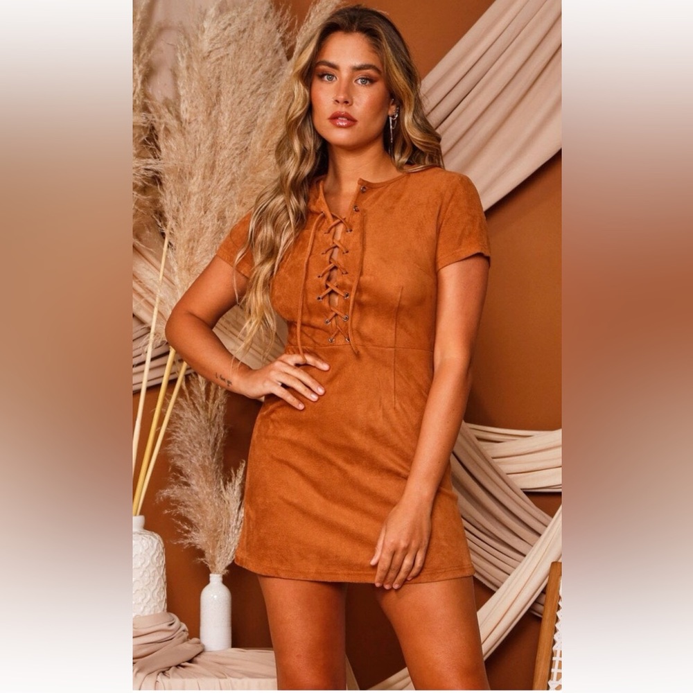 Brown Suede Mini Lace up Dress